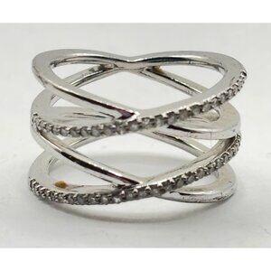 Sterling Silver 925 Crisscross Band Ring With Rhinestones Size 7